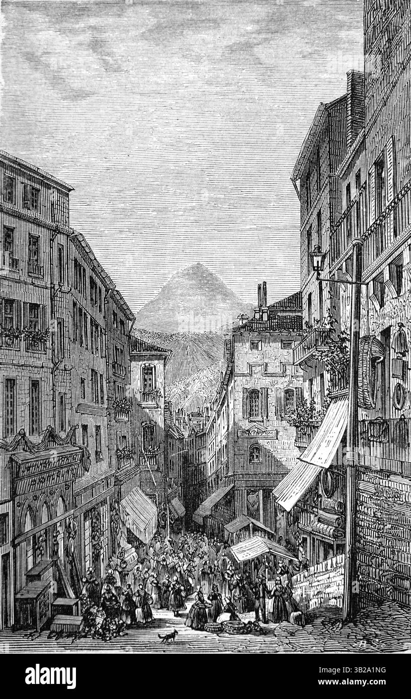 Rue de Gras nel centro storico di Clermond-Ferrand Puy-de-Dôme Francia. Incisione vintage o storica o illustrazione 1866 Foto Stock