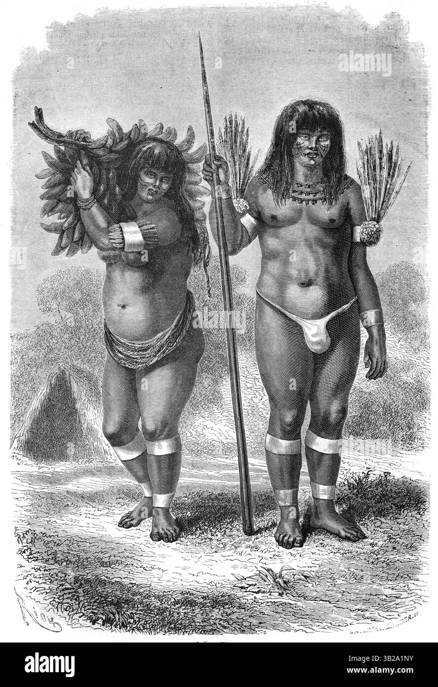 Coppia di Ticuna o Ticunas, indigeni o indigeni amazzonici, noti anche come Maguta, Tucuna, Tikuna o Tukuna, Brasile, Colombia e Perù, Sud America. Incisione vintage o storica o illustrazione 1866 Foto Stock
