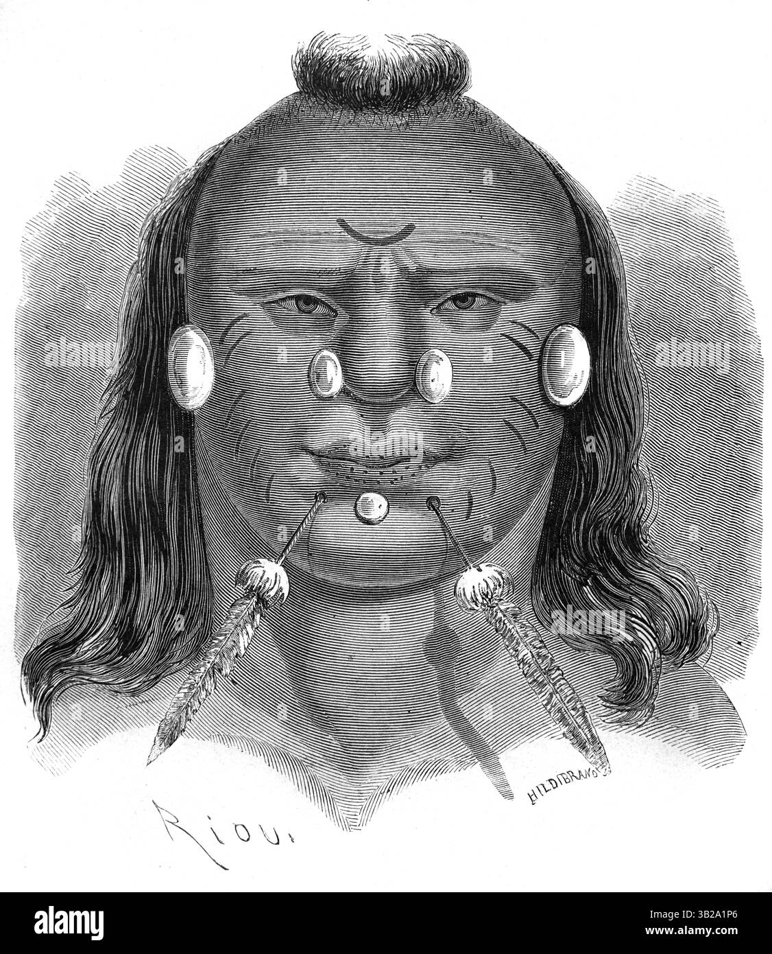 Ritratto di Matsés Man with Body Piercings, noto anche come Mayoruna o Panoan, un gruppo etnico indigeno dell'Amazzonia peruviana e brasiliana, Perù e Brasile. Incisione vintage o storica o illustrazione 1866 Foto Stock