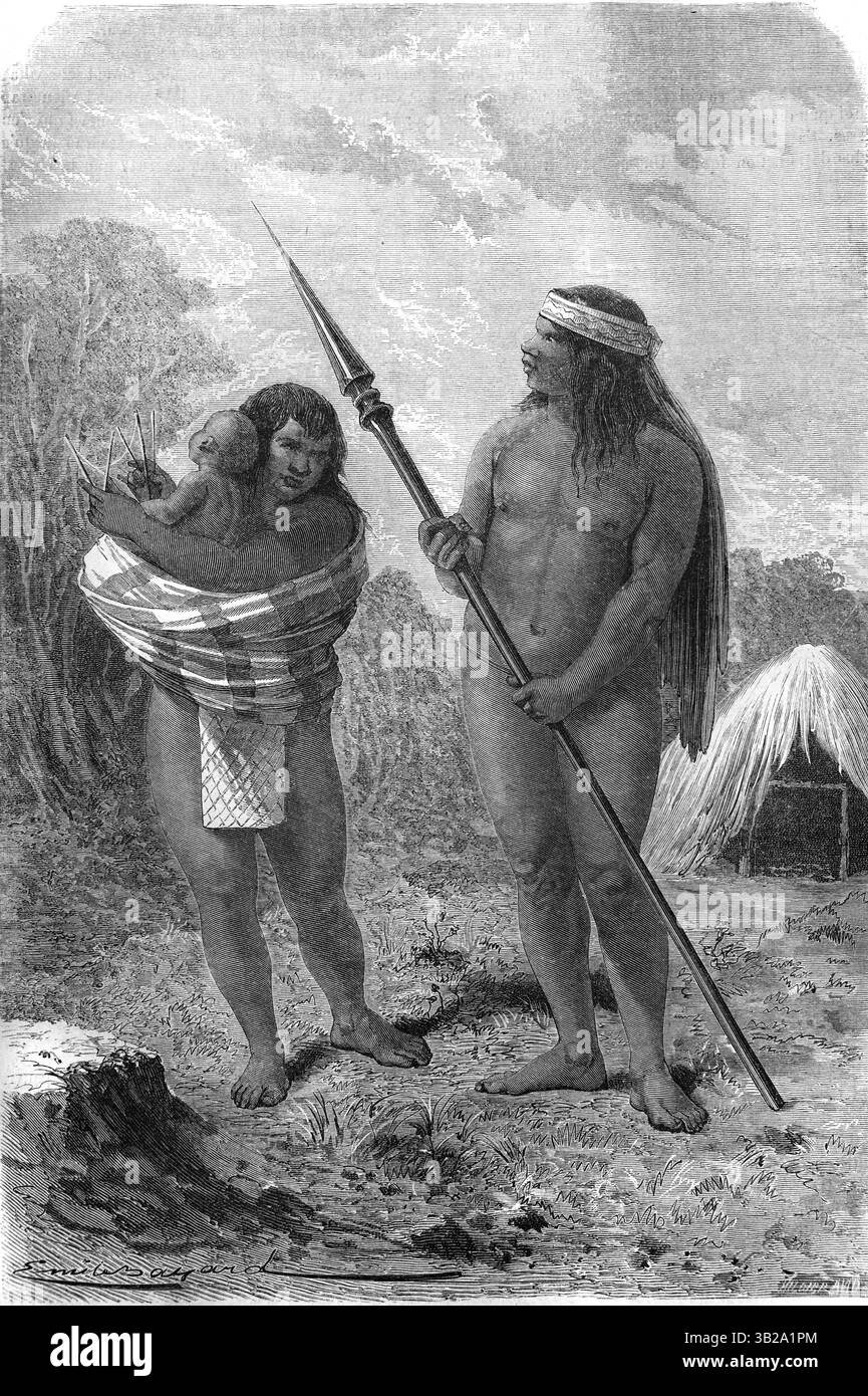 Una coppia di Iquito o Iquitos, indigeni o indiani amazzonici, Perù, Sud America. Incisione vintage o storica o illustrazione 1866 Foto Stock