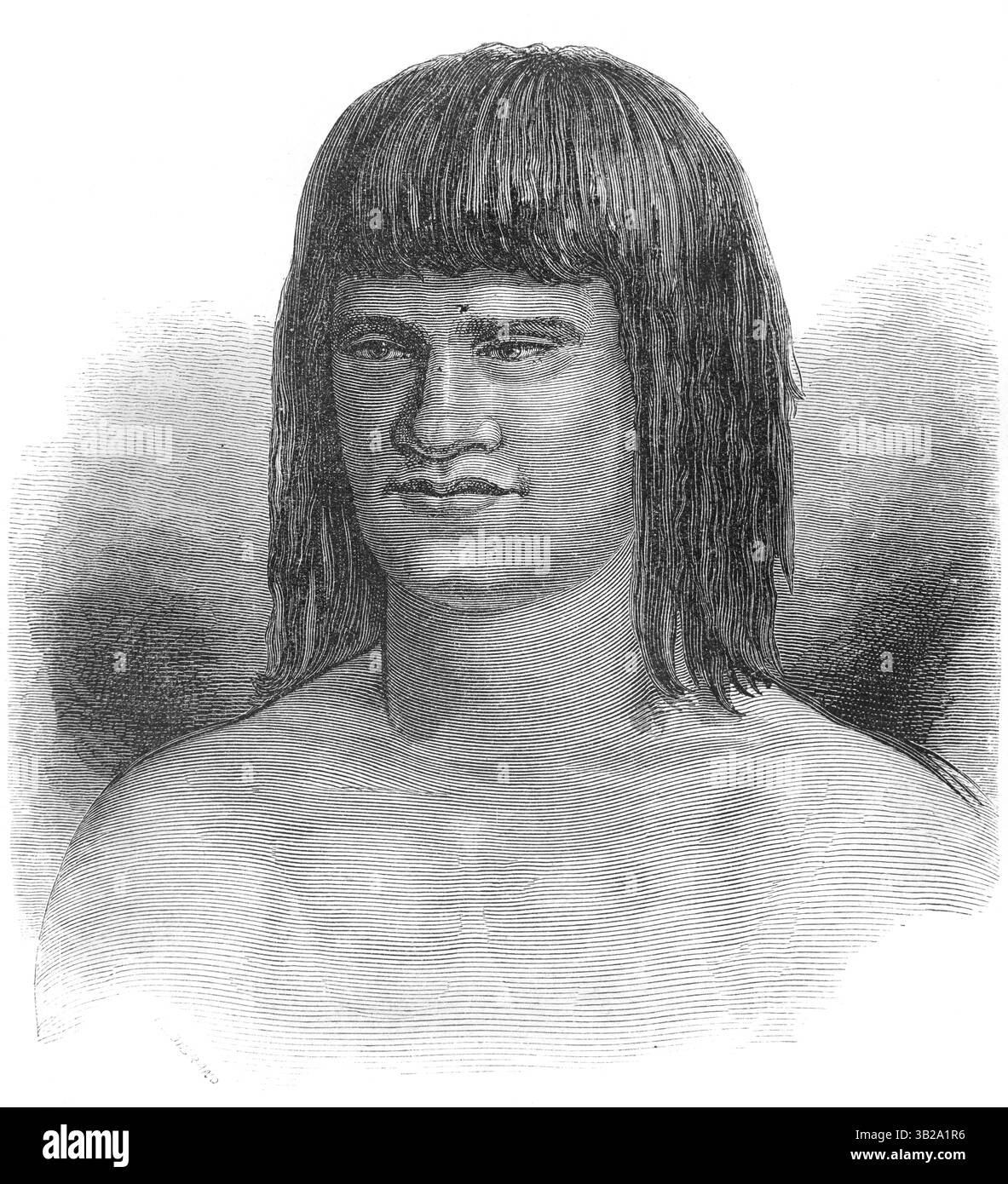 Ritratto di Cocama, Kokama o Kukama-Kukamilla Man, un gruppo indigeno o un gruppo etnico del Perù e del Brasile Sud America. Vinage o incisione storica o illustrazione 1866 Foto Stock
