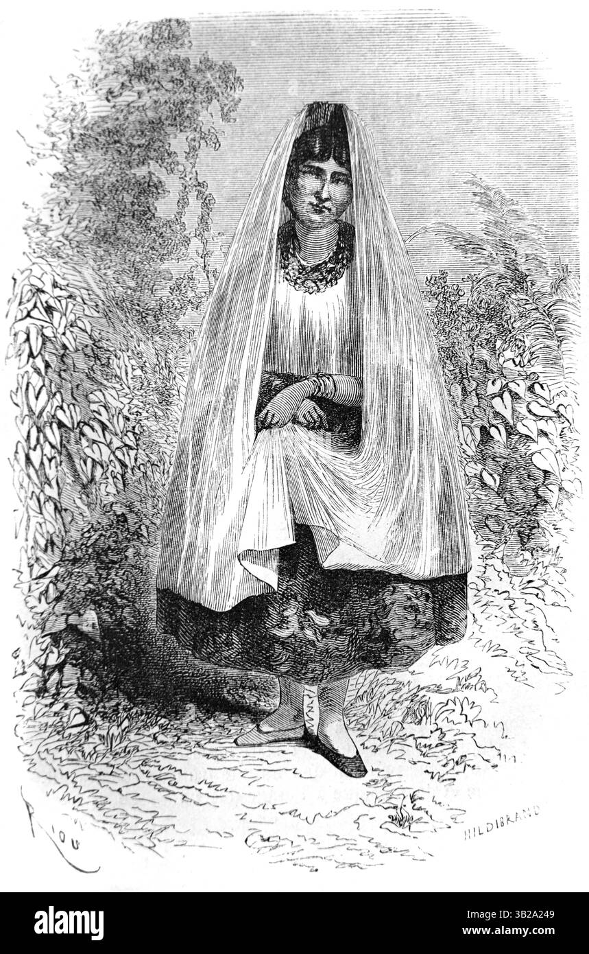 Donna di Nauta che indossa un costume tradizionale o un abito etnico nell'Amazzonia peruviana Perù Sud America. Foto Stock