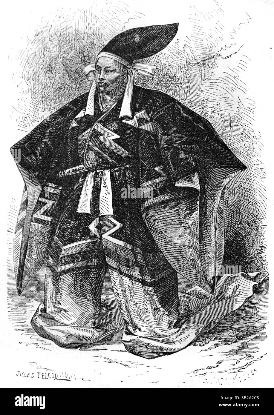 Giapponese Daimyo, un magnate o signore feudale giapponese, che indossa il costume ufficiale di corte o il costume giapponese. Incisione vintage o storica o illustrazione 1866 Foto Stock