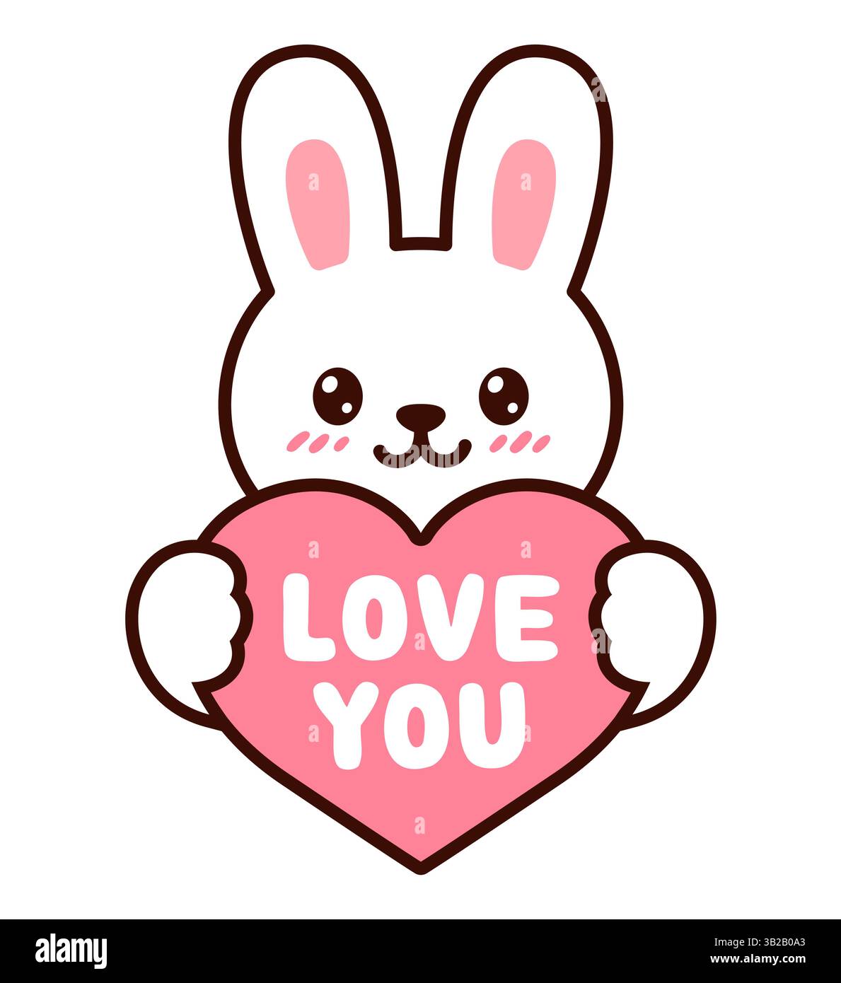 Divertente cartone animato bianco coniglietto con cuore rosa che dice "Love you". Carino disegno di coniglio Valentine, illustrazione vettoriale. Illustrazione Vettoriale