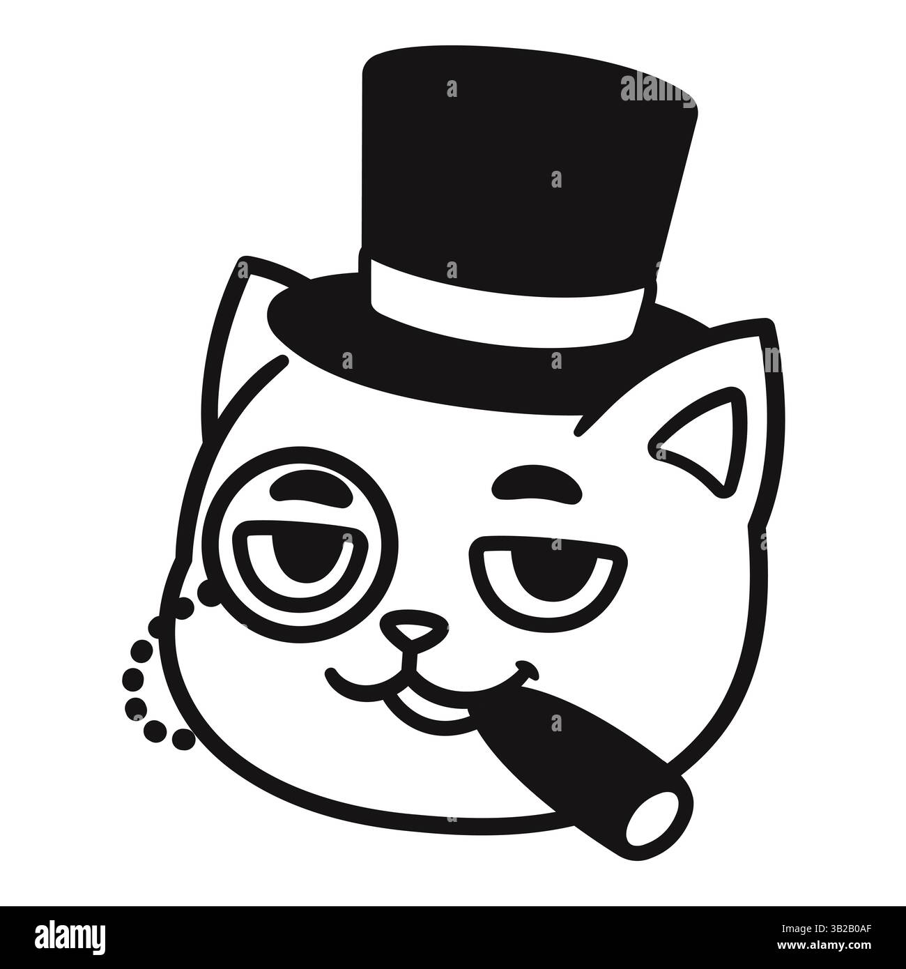 Divertente caricatura del gatto capitalista dei cartoni animati. Boss di gatto ricco di grassi con sigaro, monocle e cappello. Graziosa illustrazione vettoriale, logo in bianco e nero. Illustrazione Vettoriale