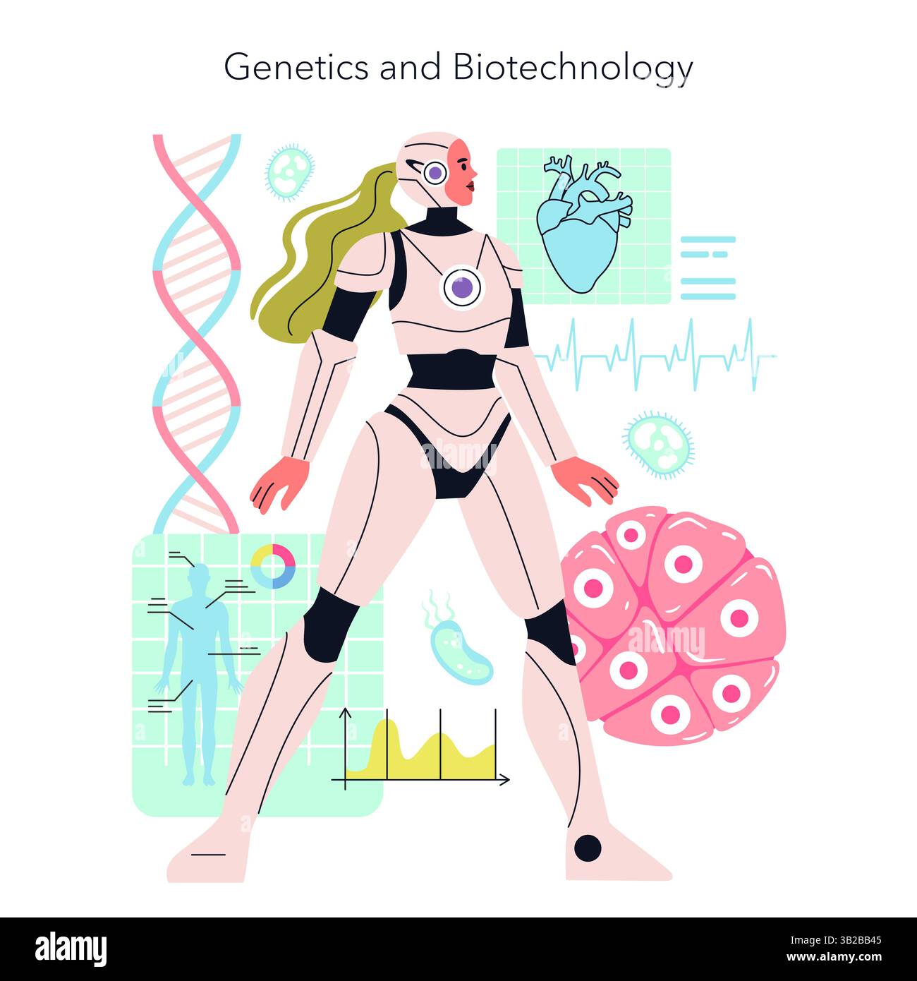 Genetica e biotecnologia esplorano l'intersezione tra scienza e tecnologia. Questa illustrazione mostra i progressi nella salute, nella ricerca genetica e nel futuro del miglioramento umano. Illustrazione vettoriale. Illustrazione Vettoriale