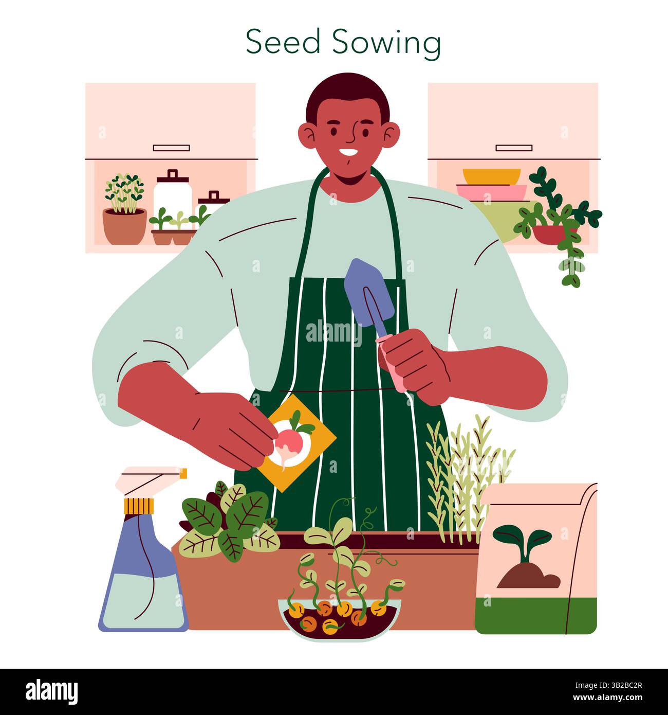 Mini Farms. Un giardiniere è impegnato nella semina delle sementi, promuovendo un'agricoltura sostenibile in spazi ristretti. Il giardinaggio domestico incoraggia un'alimentazione sana e la consapevolezza ambientale. Illustrazione vettoriale. Illustrazione Vettoriale