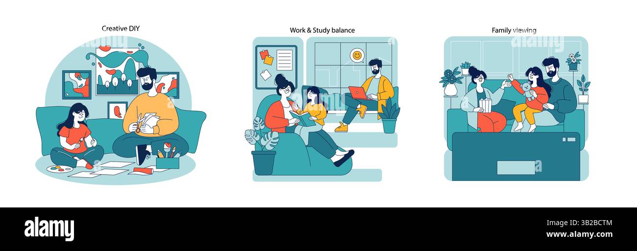 Il set vettoriale Family Life presenta scene di creatività fai da te, un equilibrio tra lavoro e studio e una serata di osservazione in famiglia. Illustra le attività quotidiane al coperto in un ambiente accogliente. Illustrazione Vettoriale