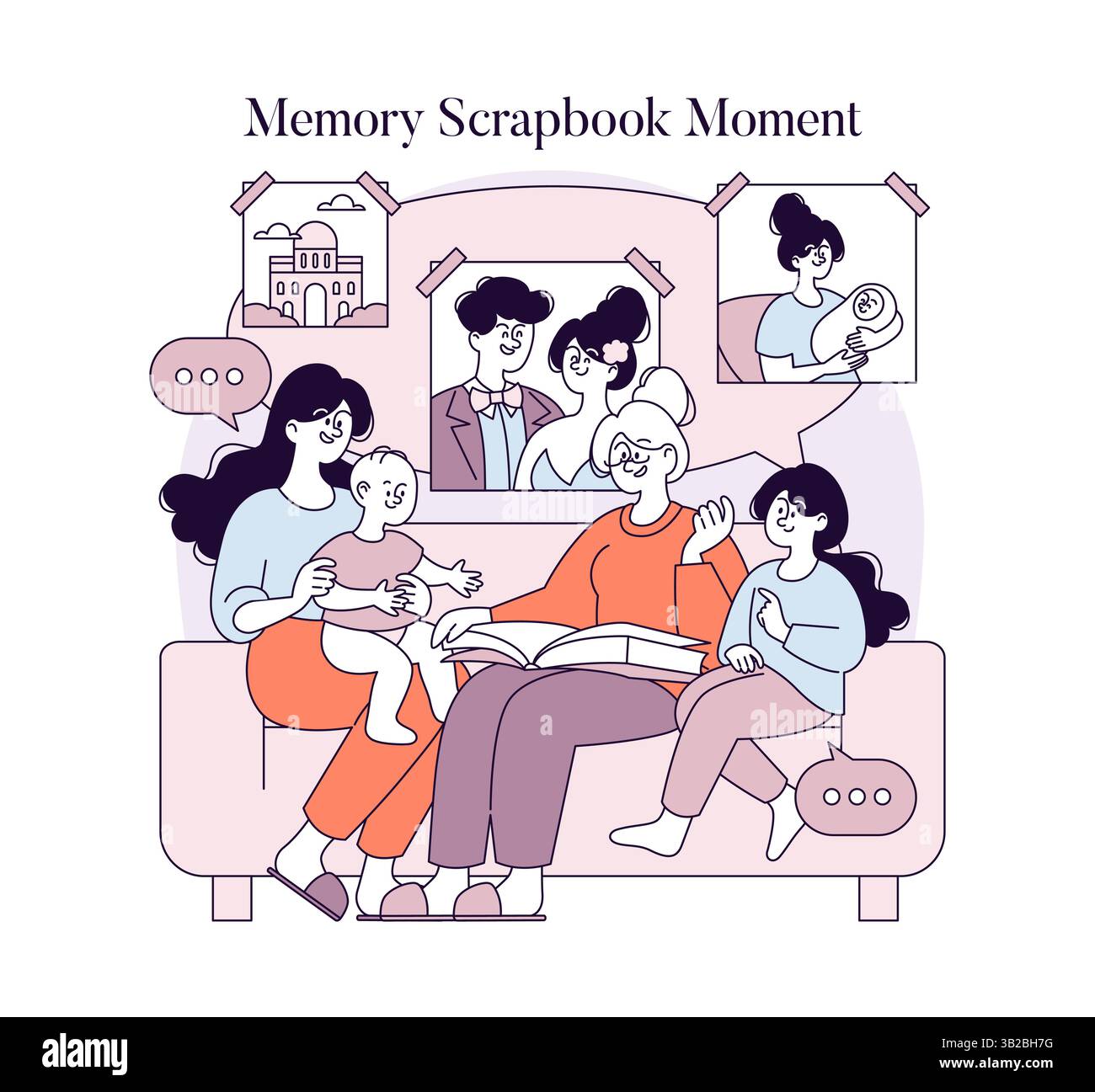 I membri della famiglia si sono riuniti su un divano, ricordando un album pieno di ricordi. Una scena gioiosa che illustra la connessione, l'amore e i momenti preziosi condivisi tra le generazioni. Illustrazione vettoriale. Illustrazione Vettoriale