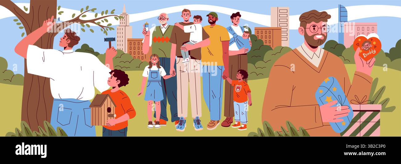Una vivace scena di persone diverse impegnate in attività come giardinaggio, arte e progetti comunitari Illustrazione Vettoriale