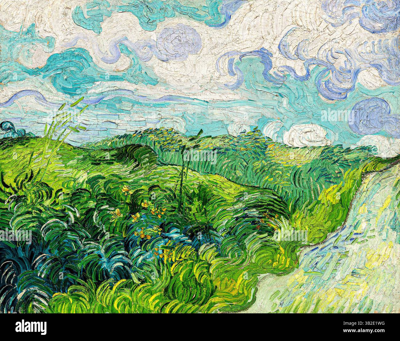 Dipinto nel giugno 1890 ad Auvers-sur-Oise, Francia. I vibranti campi di grano di Van Gogh con cieli vorticosi. Restauro digitale di qualità museale a 300 DPI. Pubblico Foto Stock