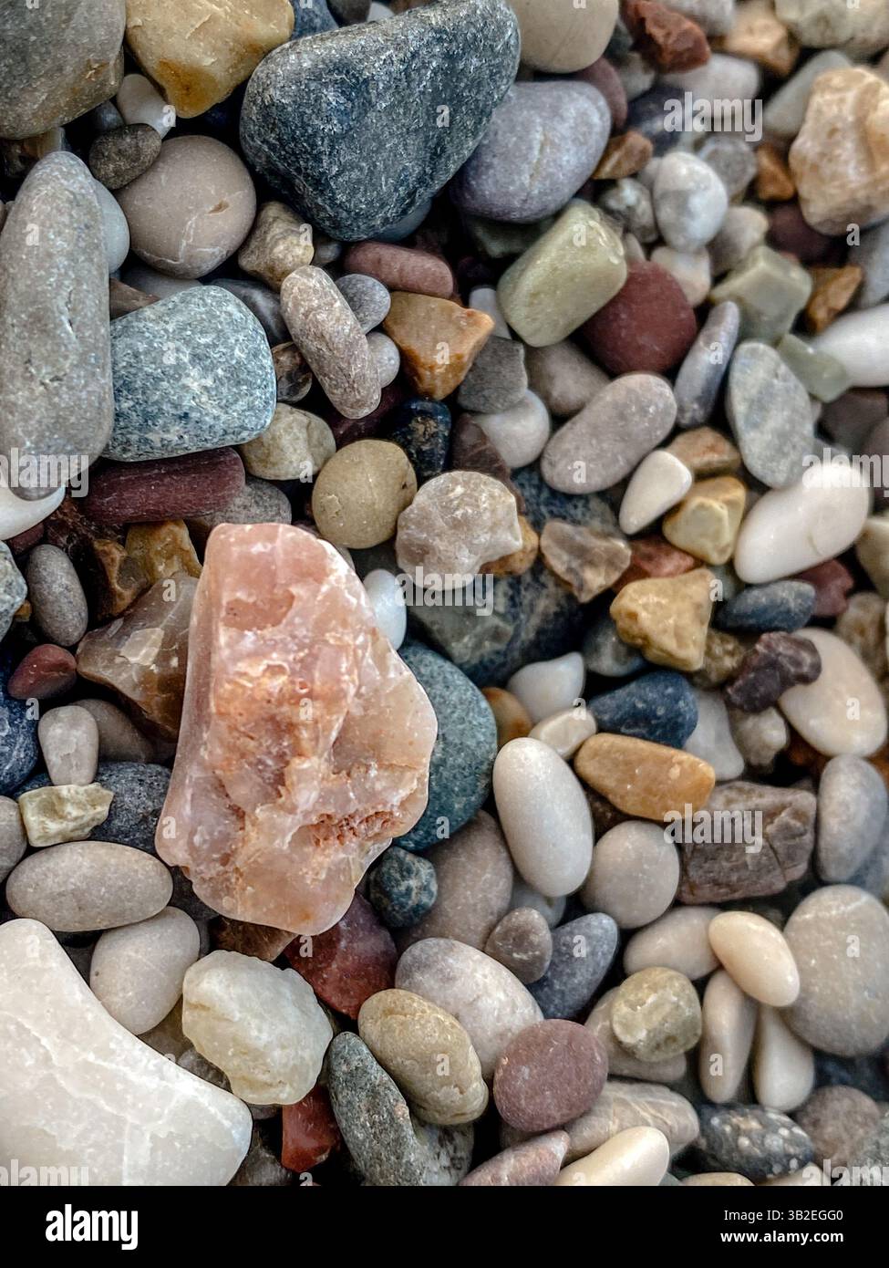 Primo piano di colorati ciottoli di spiaggia con una roccia minerale rosa ruvida al centro circondata da pietre lisce di diverse forme e tonalità terrose Foto Stock