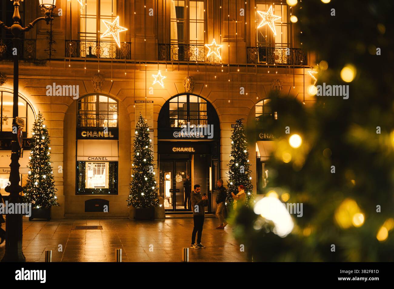 Eleganza urbana festiva – scena notturna con luci e alberi di Natale Foto Stock