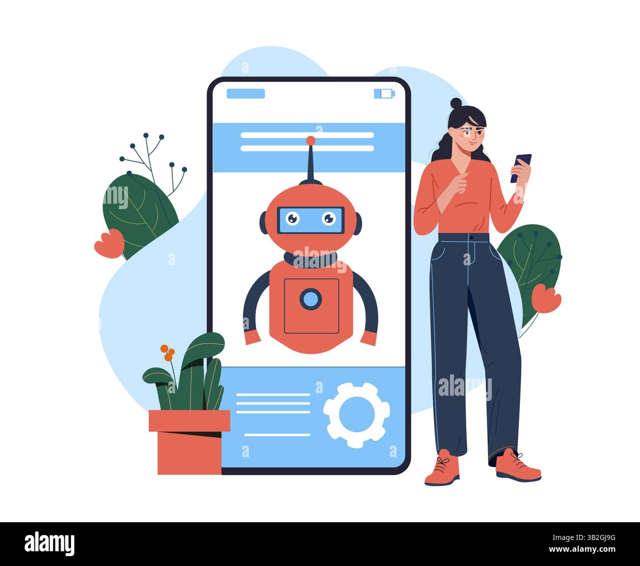 Donna che chatta con il chatbot ai al telefono. Illustrazione vettoriale Illustrazione Vettoriale