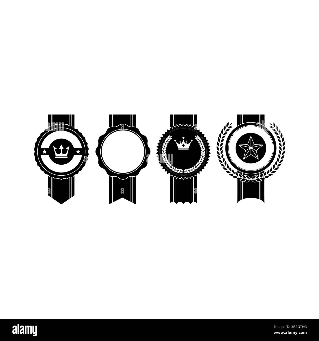 Design vettoriale che mostra i badge decorativi neri del nastro con corona e emblemi a stella, ideale per premi o grafica di certificazione. Illustrazione Vettoriale
