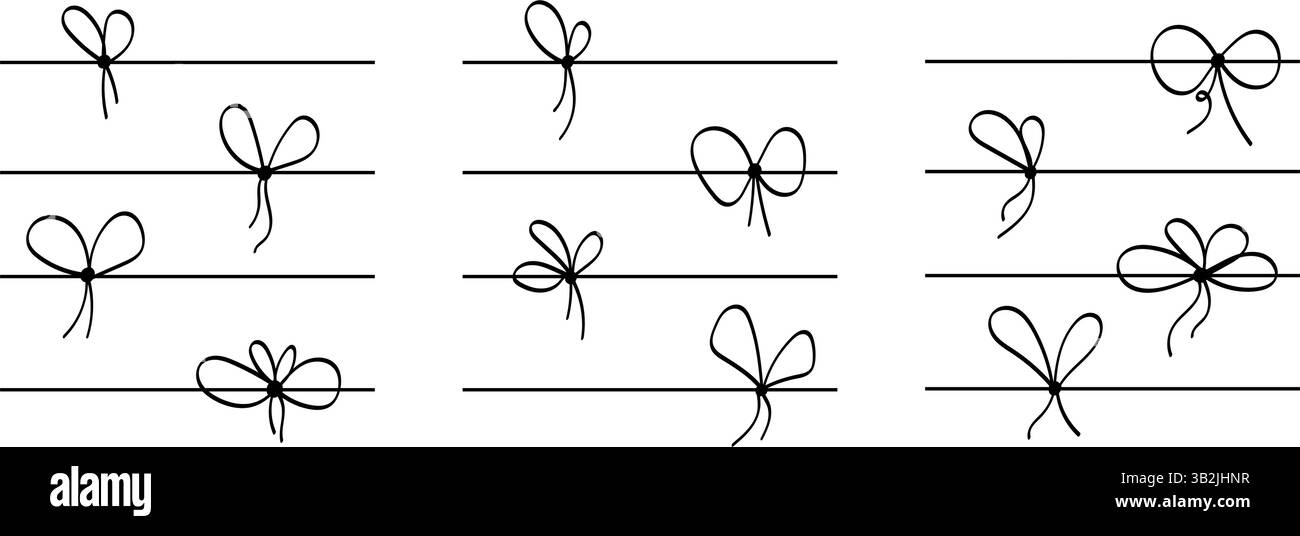 Linee con fiocchi per confezioni regalo. Set di strisce con nodi di coquette per scatole presenti isolate su sfondo bianco. Elementi decorativi Doodle per carte o striscioni natalizi. Illustrazione vettoriale. Illustrazione Vettoriale