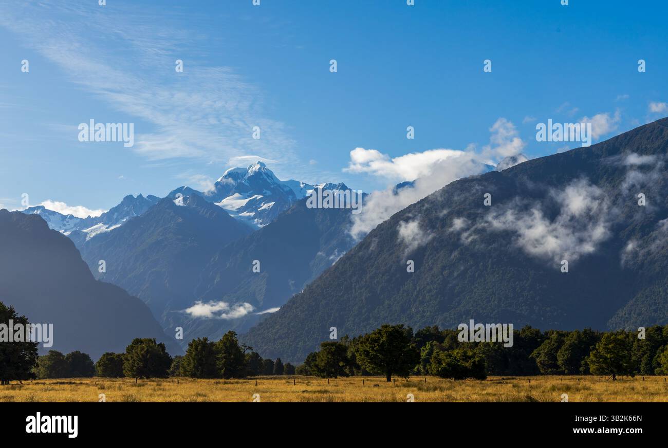 Southern Alps e Fox Glacier Distance View, South Island nuova Zelanda Foto Stock