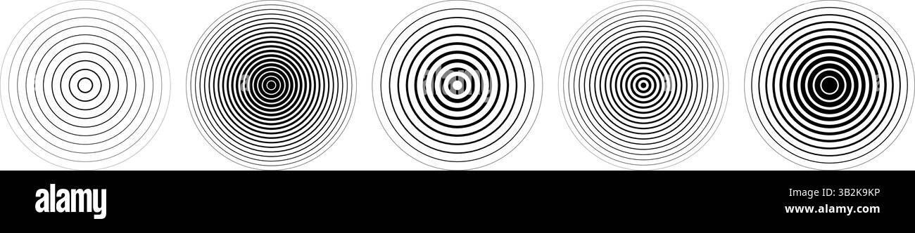 Gruppo di cerchi concentrici lineari neri. Raccolta di onde sonore rotonde che sbiadiscono. Informazioni su epicentro, target, radar, icona sonar. Segnale radio radiale o gruppo di elementi vibranti. Simboli con striature vettoriali Illustrazione Vettoriale