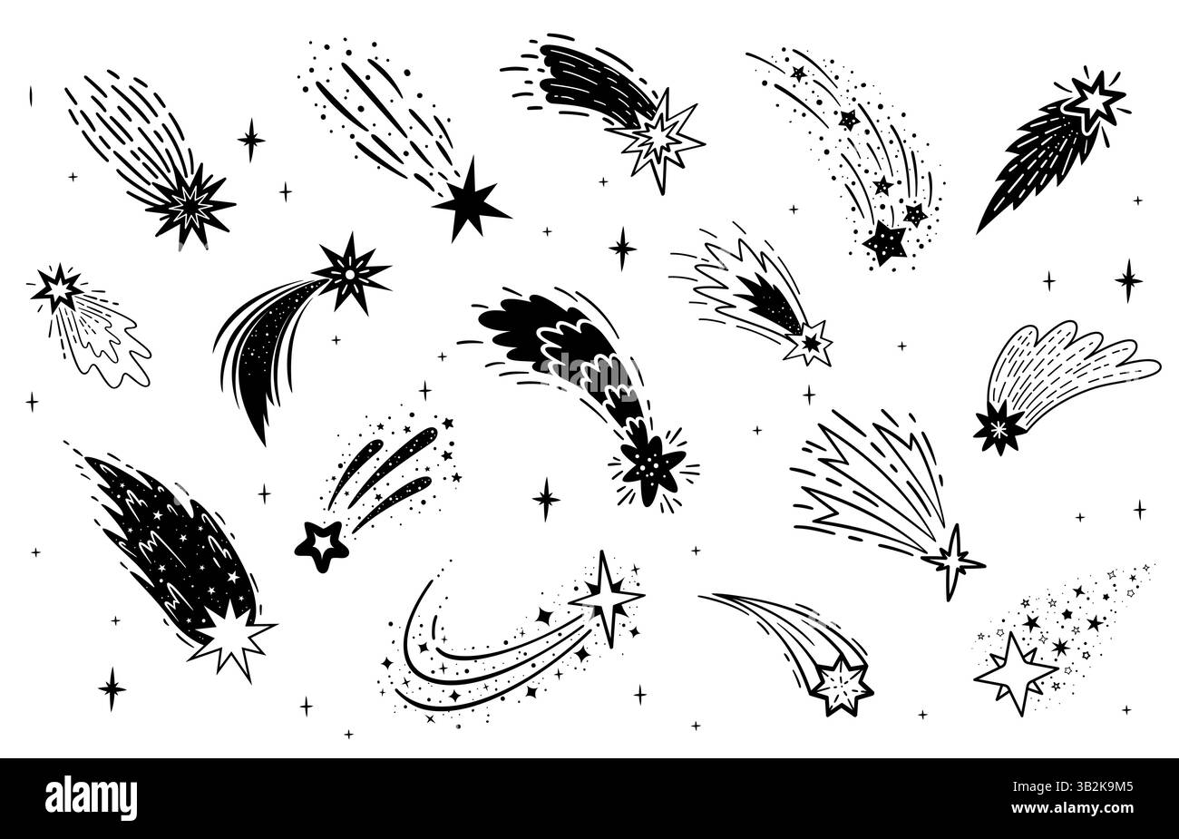Doodle che spara alle stelle spaziali con sentieri, meteore e comete che cadono sagome. La galassia cosmica disegnata a mano traccia un vettore monocromatico isolato Illustrazione Vettoriale