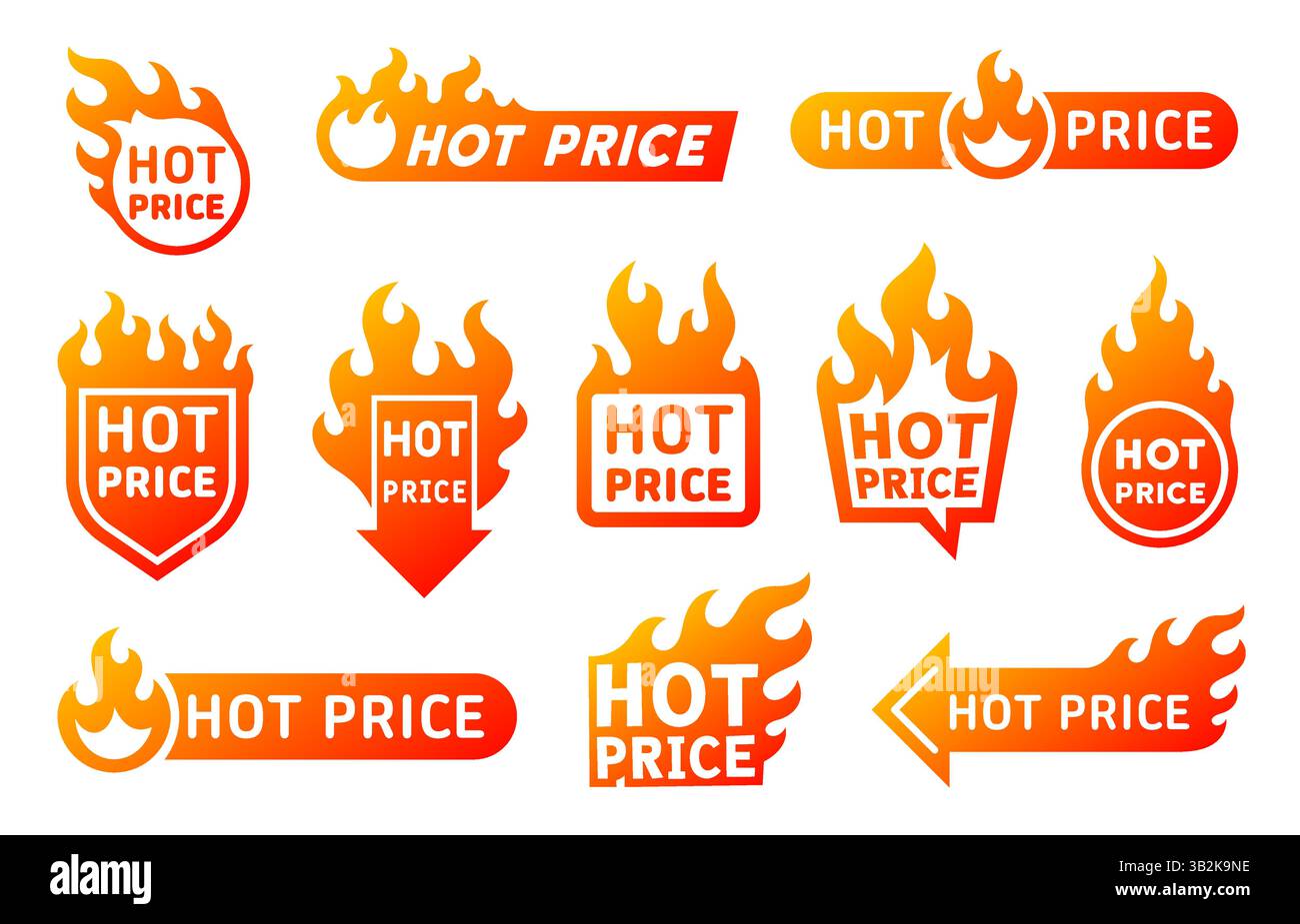 Promozioni e offerte a prezzi caldi. Emblemi vettoriali isolati, adesivi, badge, tag o icone con lingue fiammeggianti. Offerta speciale pr Illustrazione Vettoriale