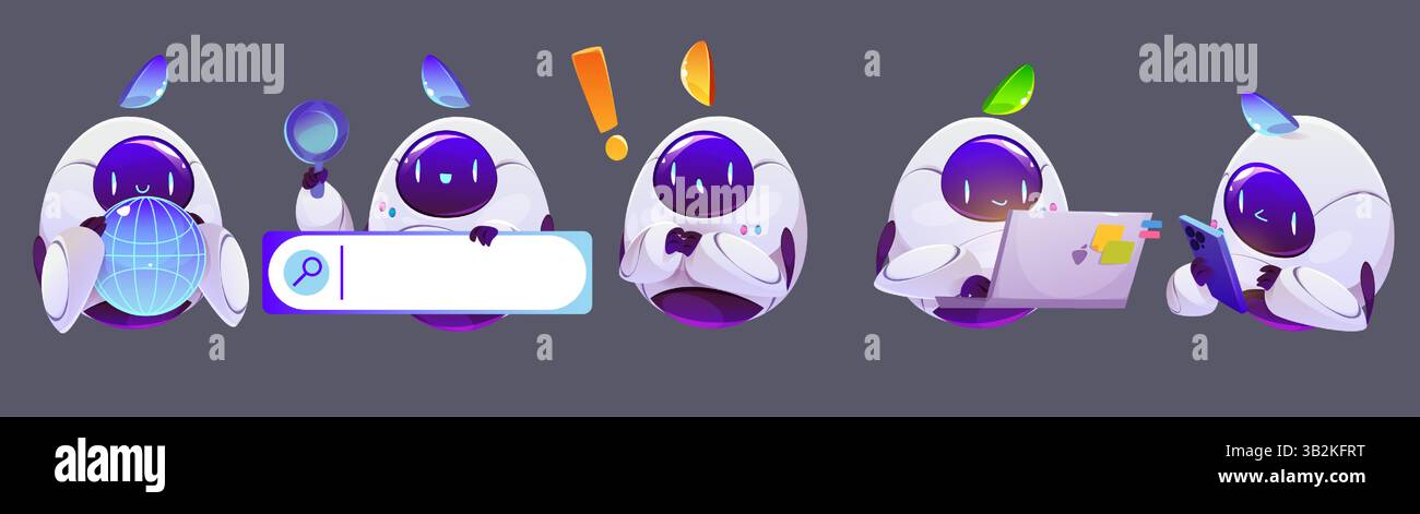 Set di personaggi robot chatbot ai: Simpatici aiutanti in vari stati emotivi che cercano e pensano, esclamano e lavorano con le interfacce dei dispositivi. Simpatiche illustrazioni di bot per la progettazione di app Messenger. Illustrazione Vettoriale