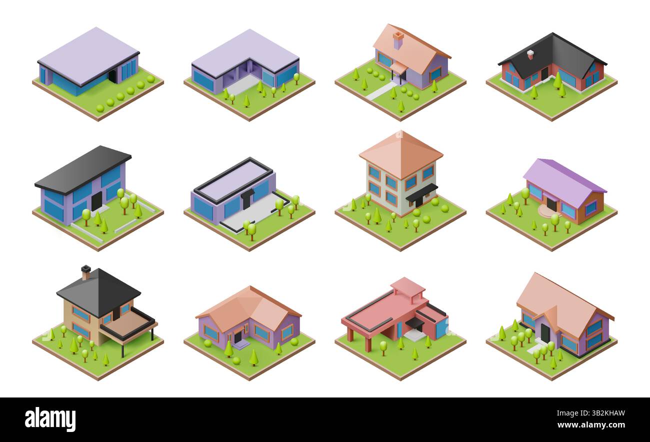 Casa 3D. Edifici con vista isometrica della città. Immobili. Casa con camino sul tetto e balcone con terrazza. Cottage del resort. Villa di design suburbano. Cartoon co Illustrazione Vettoriale