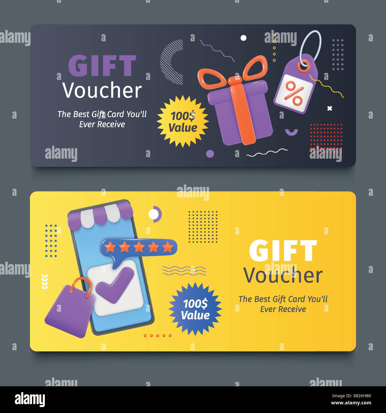 Buono regalo. Design coupon 3D. Carta sconto con schermo del telefono in scatola regalo. Acquisti mobili online. Certificato di vendita. Offerta esclusiva di prezzo. Layout biglietto promozionale con scatola regalo. Set di template vettoriali Illustrazione Vettoriale