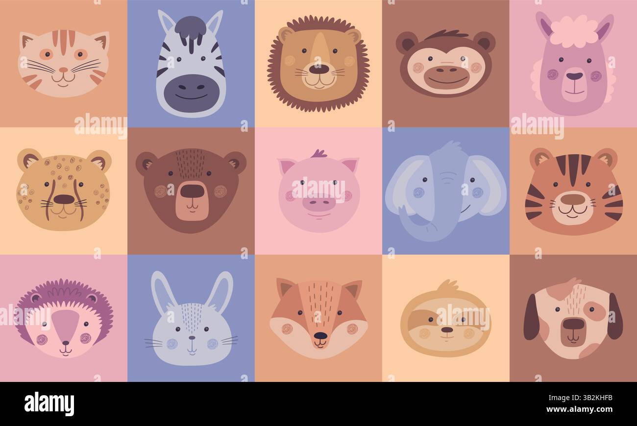 Animali carini. Volto di un orso e di un gatto da cucciolo, biglietto con personaggi maiale e cane, bambino coniglio e leone nella giungla dei doodle. Elefante, volpe e bradipo disegnati a mano. Poster infantili. Set di design quadrato vettoriale cartone animato Illustrazione Vettoriale