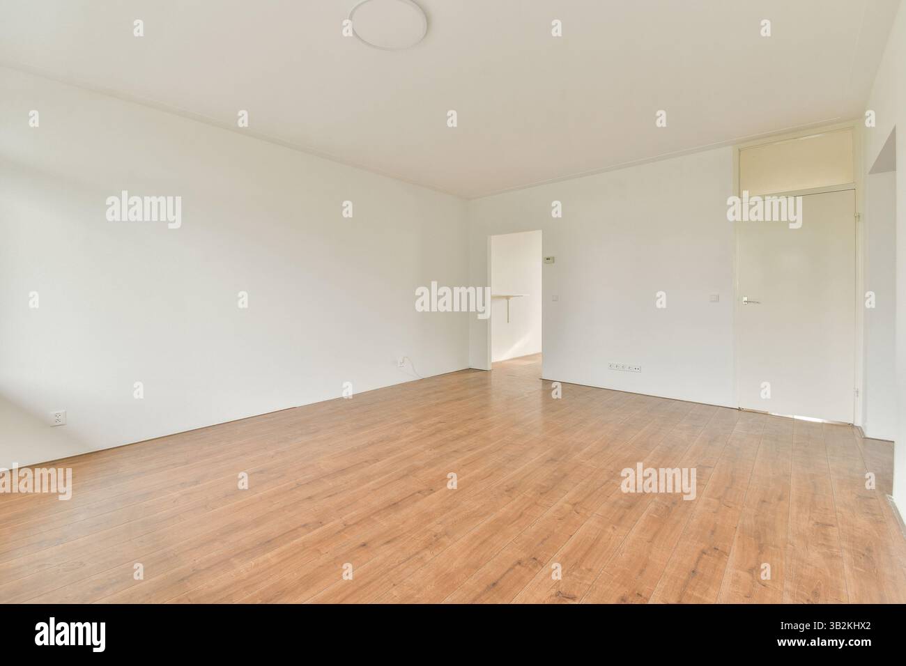 Una camera vuota con pavimento in legno e pareti neutre, che creano un'atmosfera luminosa e spaziosa, perfetta per ispirare il design degli interni. Foto Stock