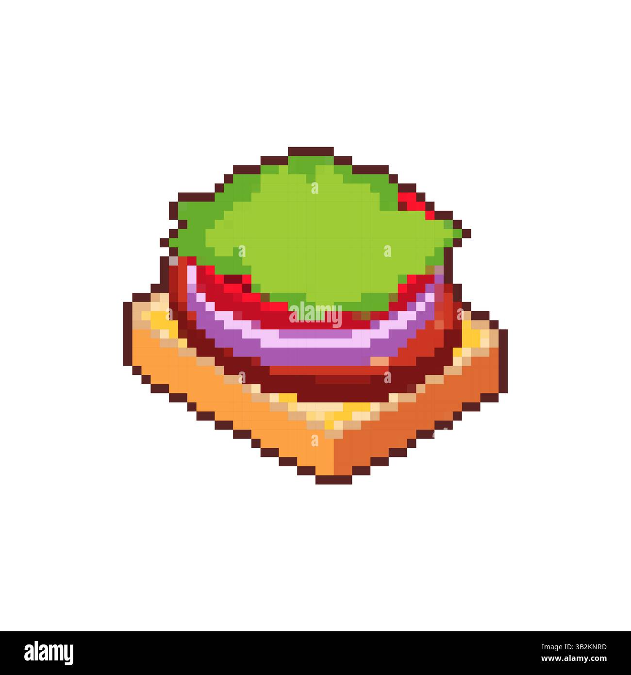 Panino con crocchette di salsiccia, pane a 8 bit, cipolla e insalata. Illustrazione Vettoriale
