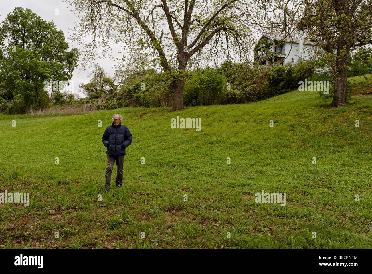 Uomo anziano, 80 anni, cammina attraverso una distesa di prato verde, Smithville, Texas, Stati Uniti. Foto Stock