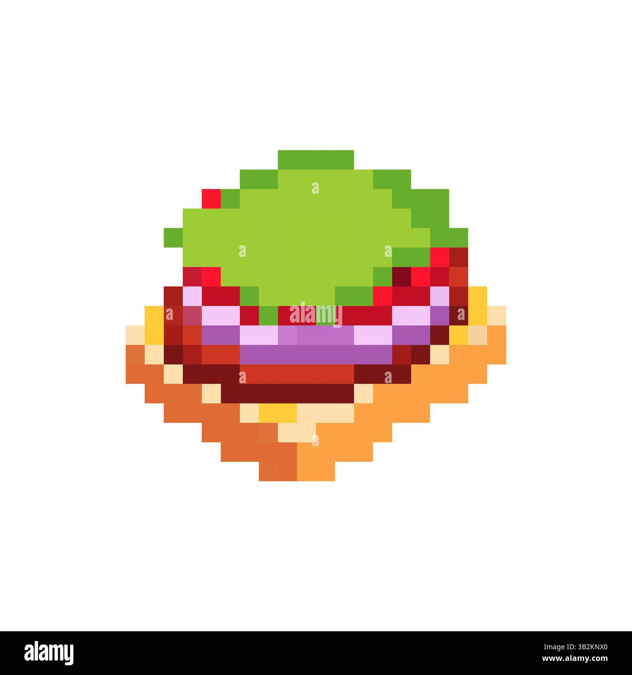 Panino con crocchette di salsiccia, pane a 8 bit, cipolla e insalata. Illustrazione Vettoriale