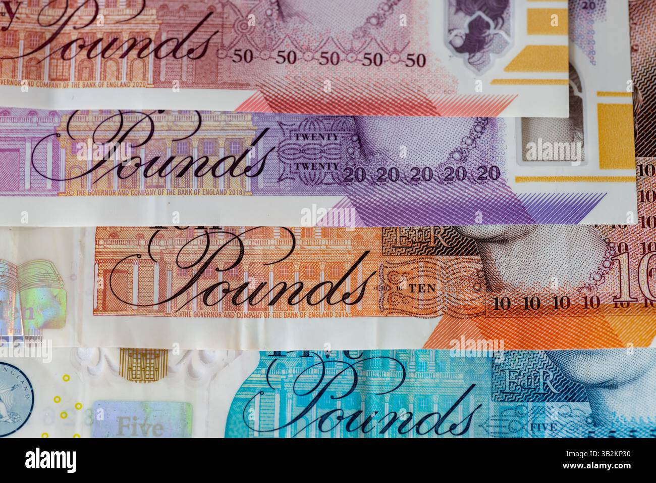 La parola sterline sulle banconote della valuta del Regno Unito, Sterlina. Foto Stock