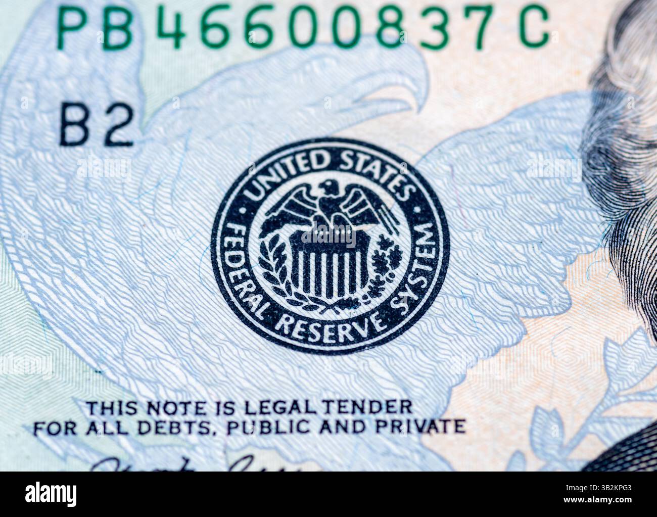 London. UK- 04.25.2025. Macro close up of the symbol of the United States Federal Reserve System on a US Dollar bill. Foto Stock
