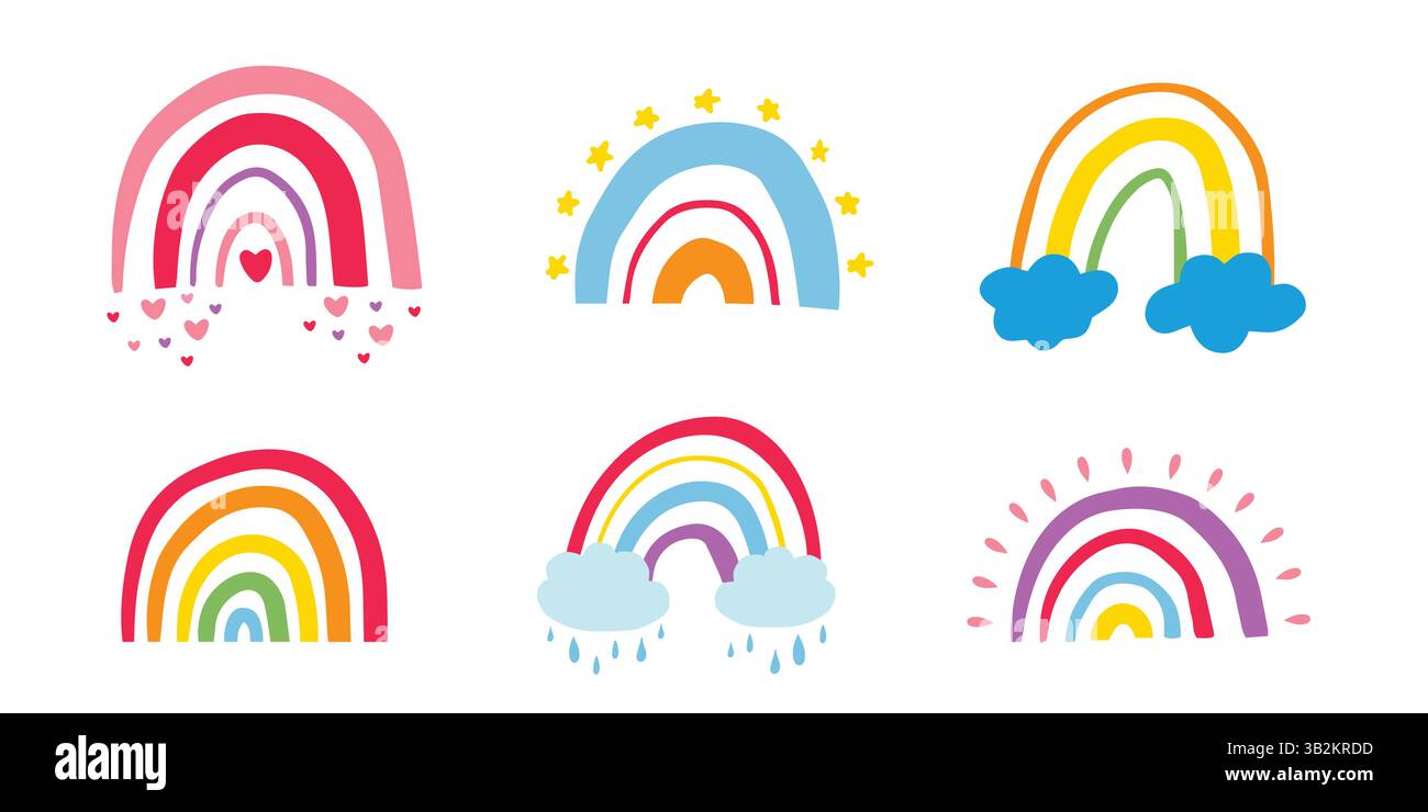 Set arcobaleni colorati. Illustrazione del vettore dell'arco a colori disegnato a mano. Illustrazione Vettoriale