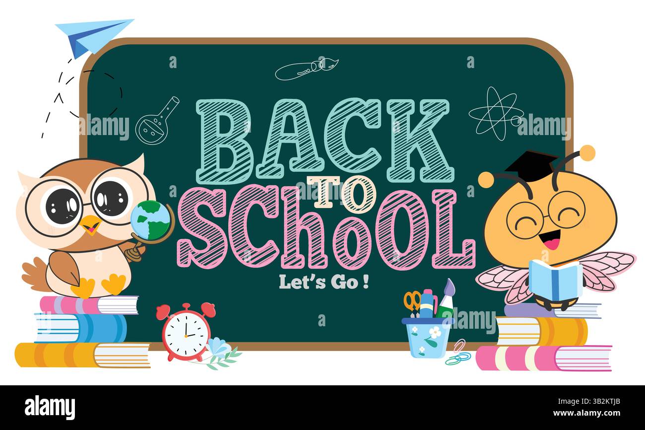 Design modello clipart di saluto Back to School. Testo di saluto colorato della scuola in lavagna elementi educativi clip art con gufo carino e ape Illustrazione Vettoriale