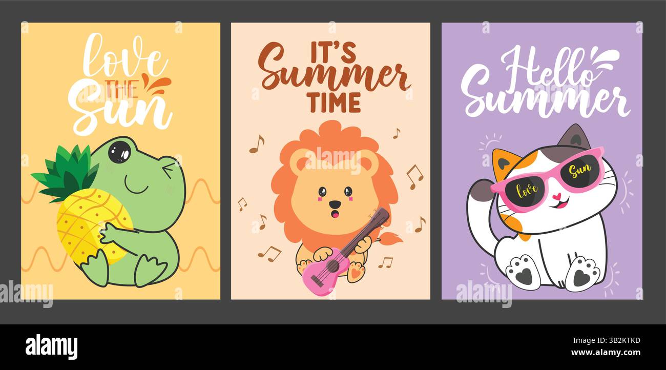 Design del set di poster degli appunti per l'estate. Testo estivo con tartaruga, leone e gatto, collezione di clip art dei personaggi dei cartoni animati per le vacanze tropicali Illustrazione Vettoriale
