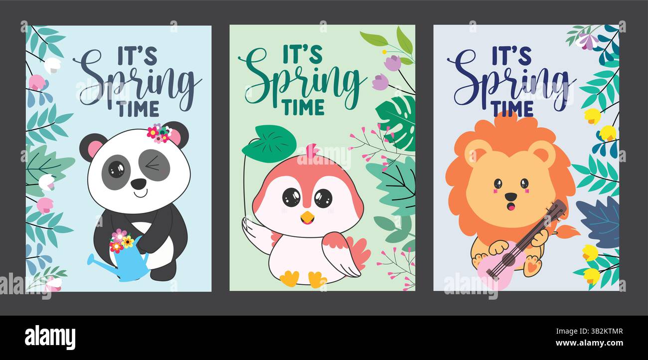 Design del set di poster della clipart di benvenuto primaverile. Clip art con layout di biglietti d'auguri primaverili con panda, uccello e leone in fiori colorati Illustrazione Vettoriale