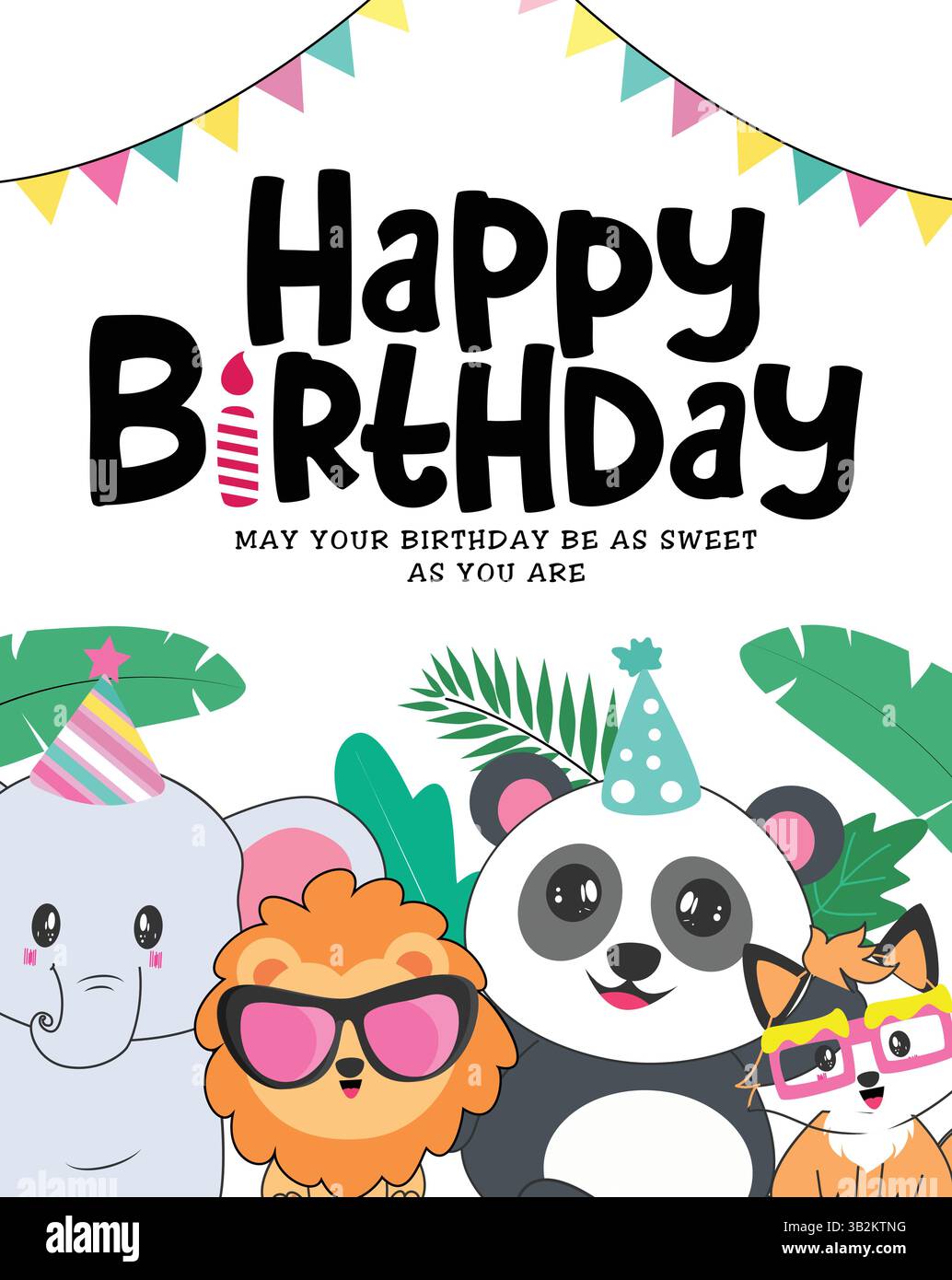 Design del poster degli appunti di auguri di buon compleanno. Testo di saluto di compleanno con desideri e personaggi di animali come elefante, leone, panda e volpe Illustrazione Vettoriale