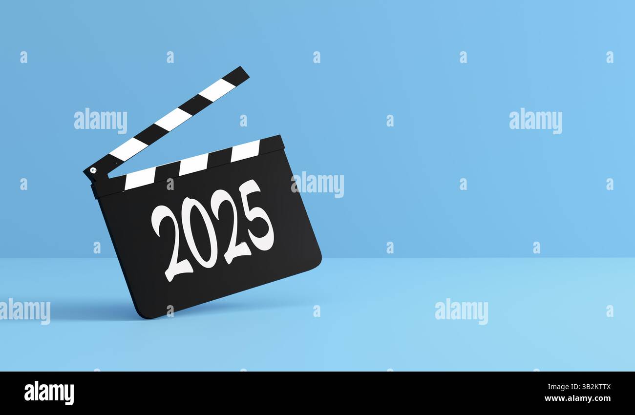 Inizio anno nuovo. Sceneggiatura e realizzazione di film nell'anno 2025. Clapper cinematografico che mostra 2025 anni su sfondo blu. Rendering 3D. Foto Stock