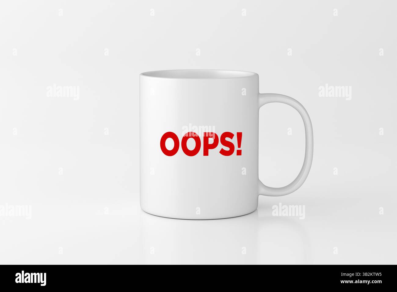 Una tazza bianca con audaci oops rossi! messaggio su uno sfondo pulito, aggiungendo umorismo e rammarico a qualsiasi progetto di design. Rendering 3D. Foto Stock