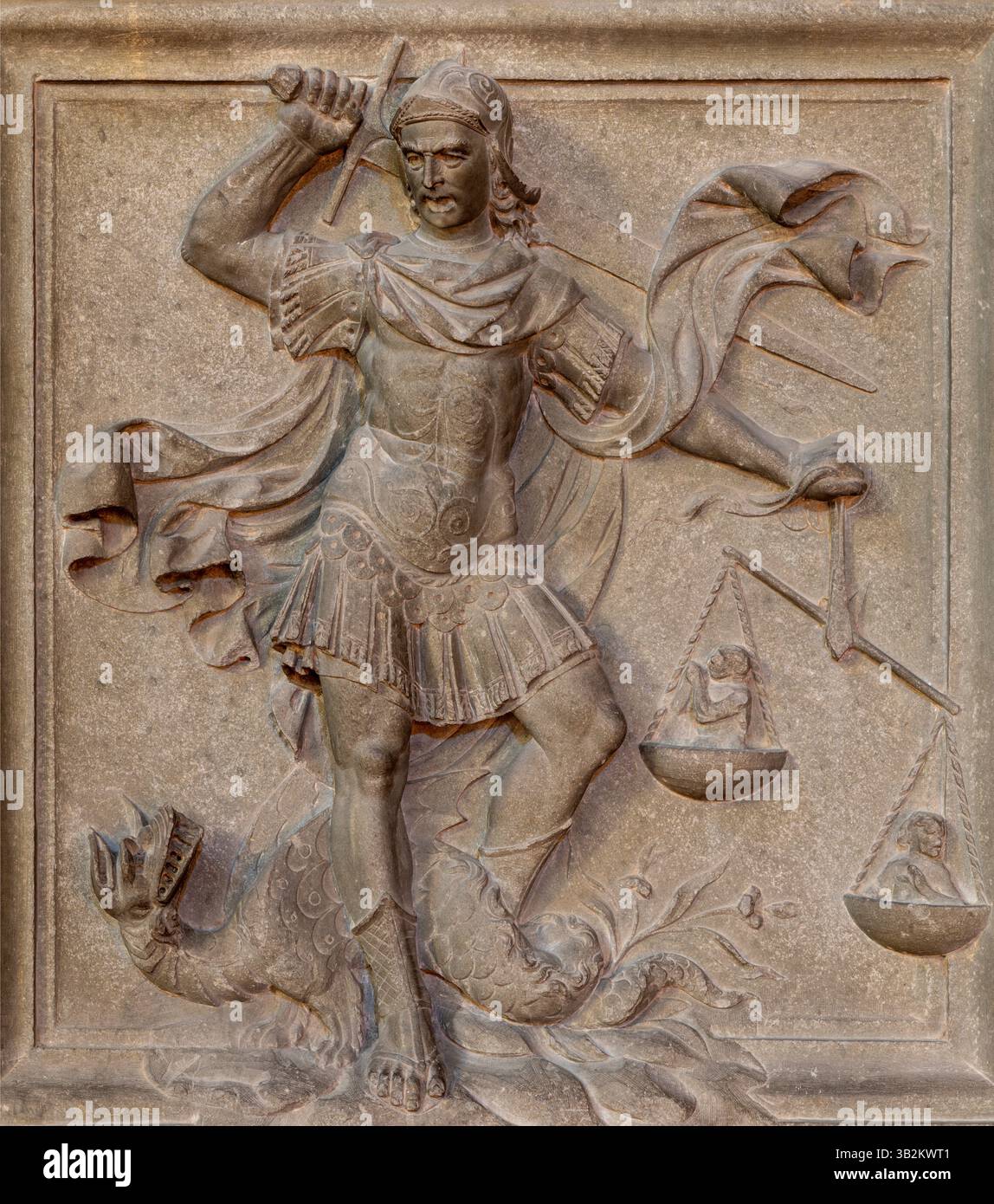 FIRENZE, ITALIA - 20 MARZO 2025: Il rilievo rinascimentale di San Michele Arcangelo nella chiesa di San salvi di Benedetto Grazzini Foto Stock