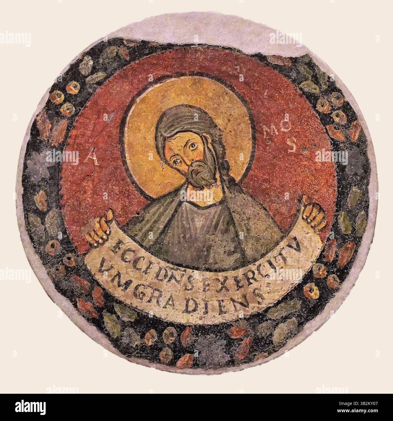 7663. Il profeta Amos su frammenti di affresco circolare datati 1120-1130, salvati dal soffitto del confessionale a San Nicola, Roma. Foto Stock