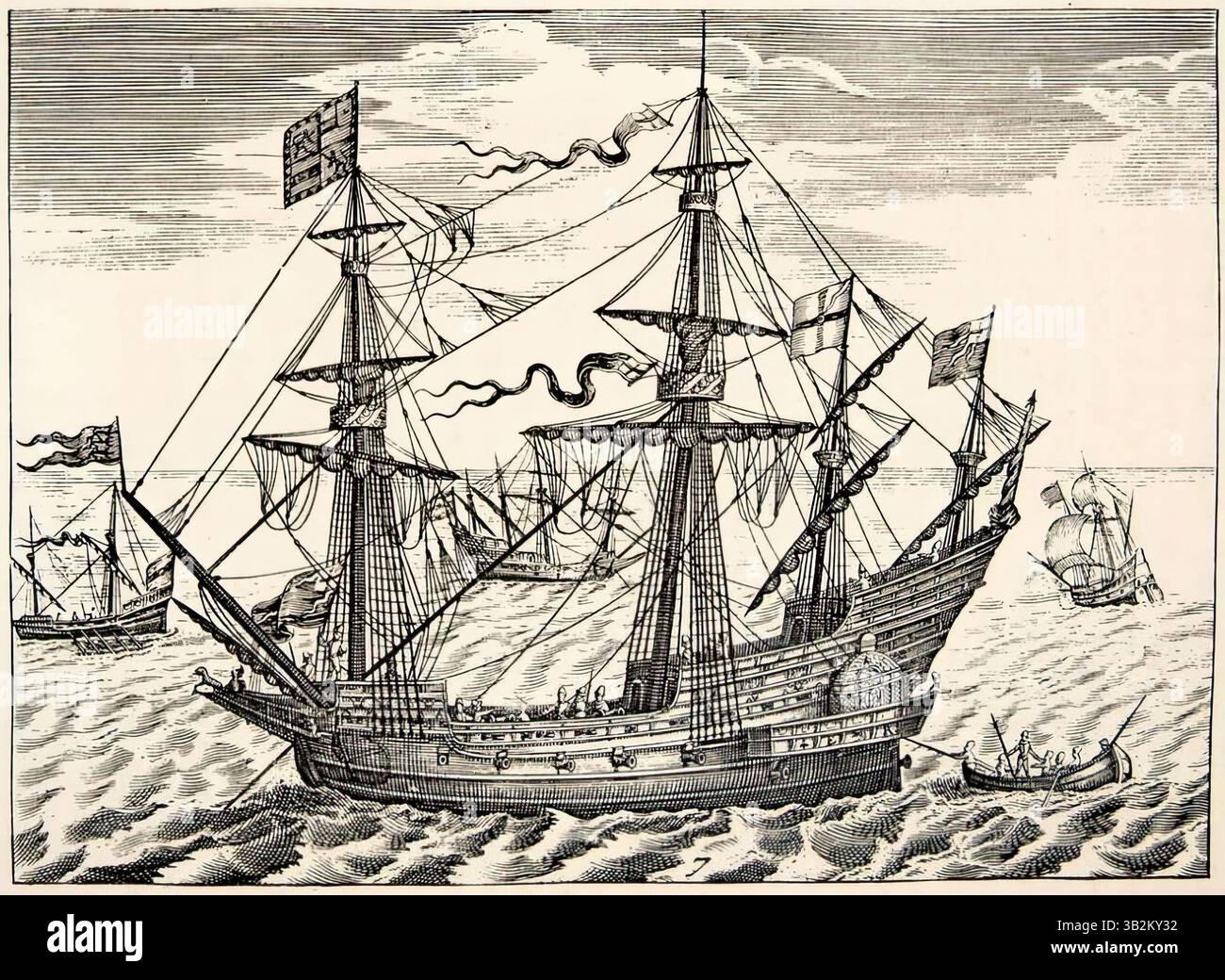 7687. Nave elisabettiana da guerra, Galion a doppio albero, 17° ca. C.. Foto Stock
