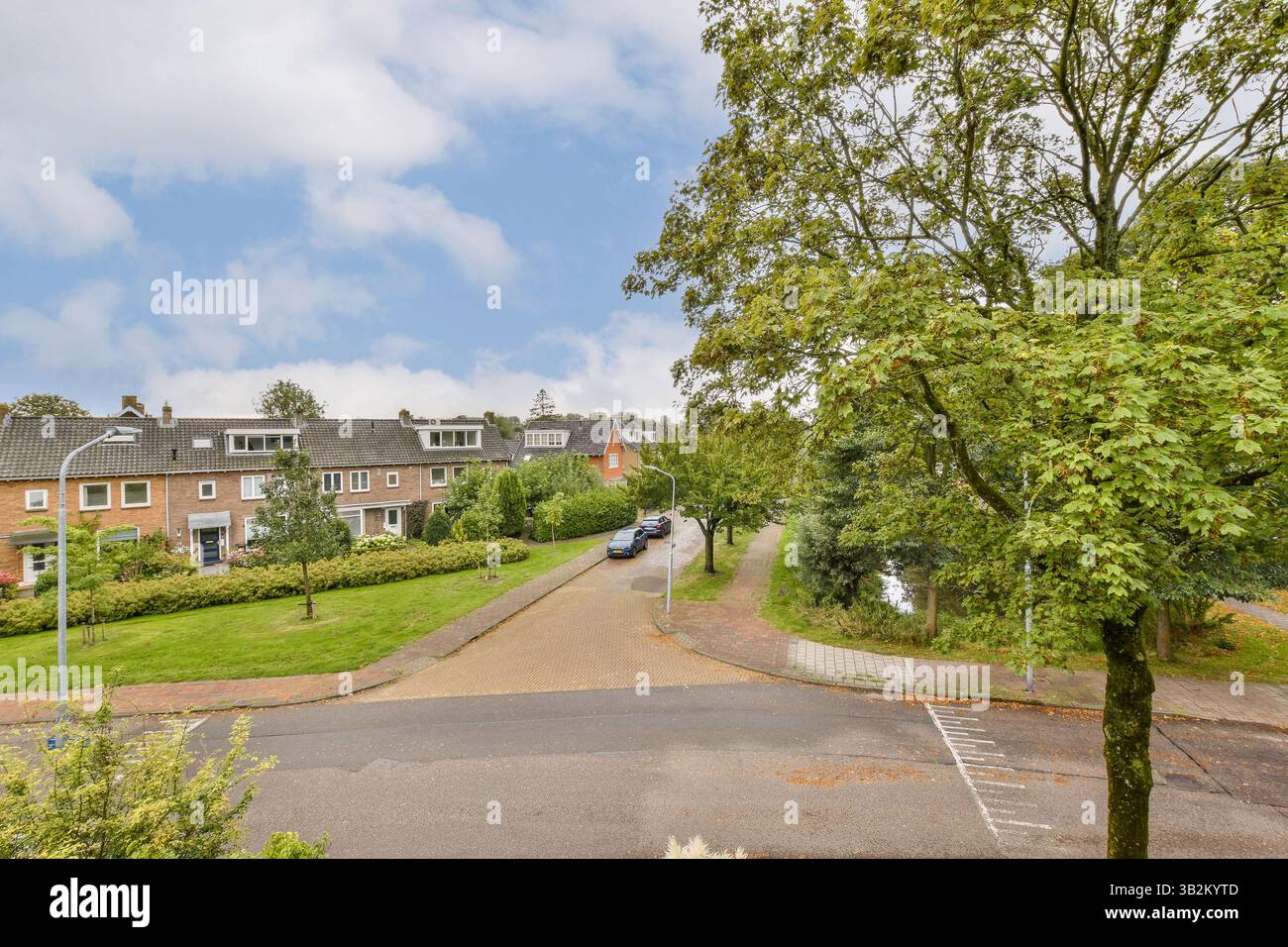 Una vista pittoresca di una tranquilla strada residenziale caratterizzata da prati verdi, giardini ben tenuti e un'atmosfera tranquilla. Perfetto per gli amanti della natura e per i proprietari di case. Foto Stock