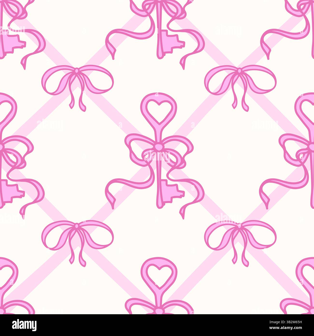 Coquette motivo a nastro rosa con archetto e chiave antica. Chiavi femminili con fiocchi su sfondo bianco con nastri incrociati. Modello romantico e femminile alla moda per matrimoni, tessuti e avvolgimenti. Illustrazione vettoriale. Illustrazione Vettoriale