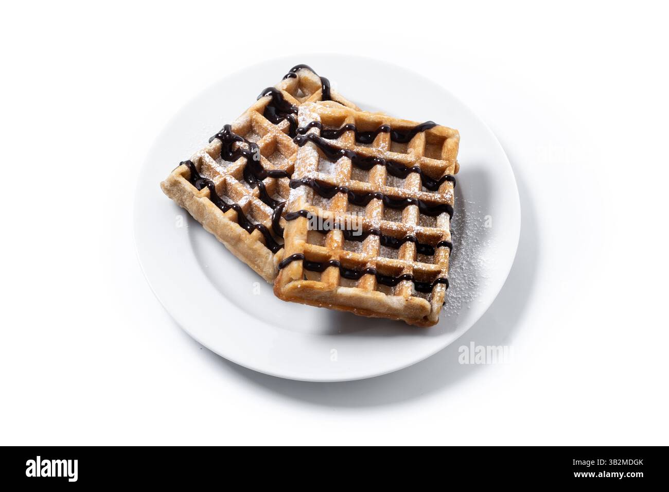 Waffle belgi con cioccolato isolato su sfondo bianco Foto Stock