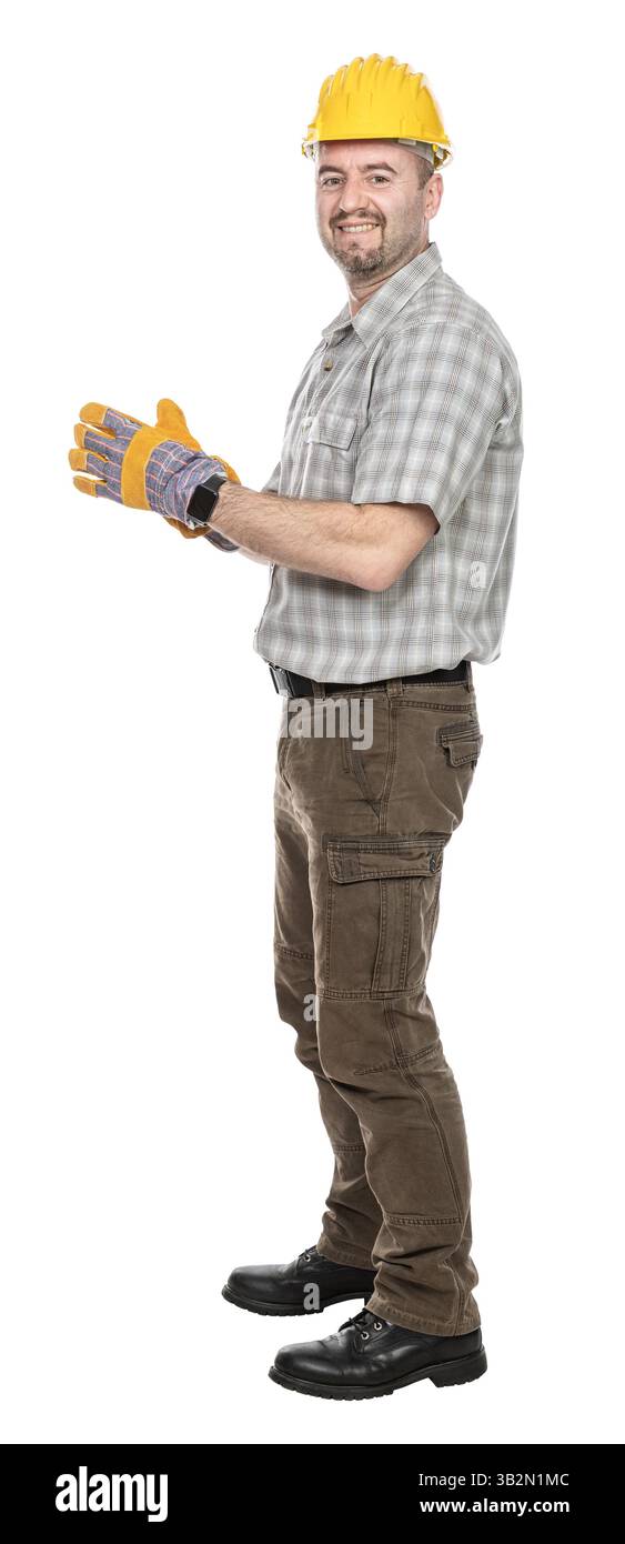 Operaio edile sorridente che indossa guanti isolati su sfondo trasparente Foto Stock