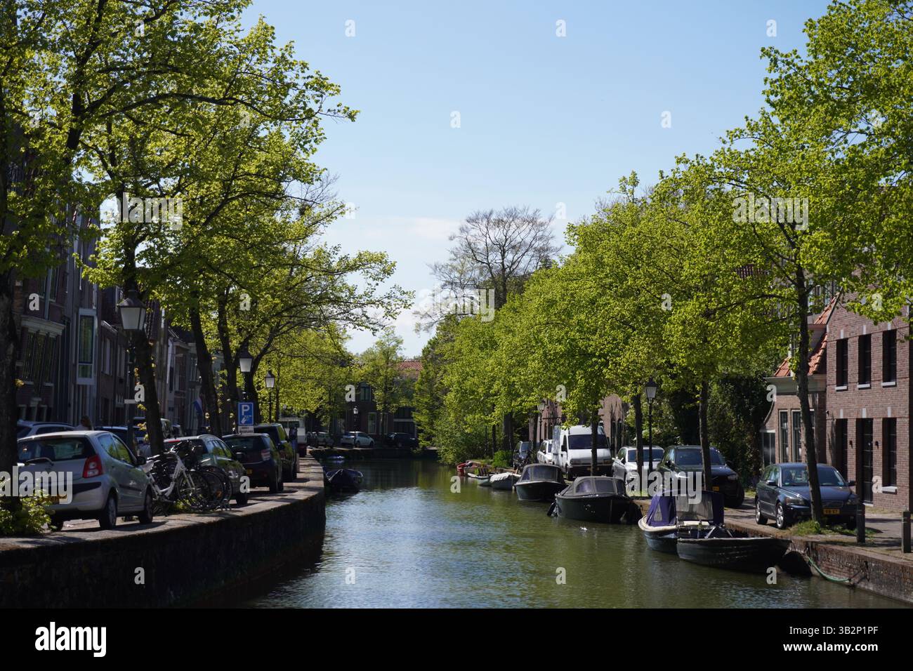 "Canale panoramico fiancheggiato da barche, automobili ed edifici storici sotto il lussureggiante fogliame primaverile a Hoorn, Paesi Bassi. Foto Stock