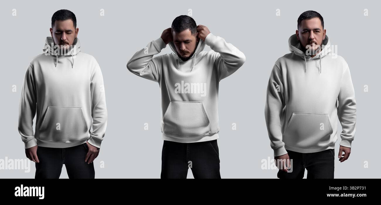 Mockup di una felpa con cappuccio oversize bianca su un uomo barbuto, una serie di abiti alla moda su un ragazzo, vista frontale, isolata sullo sfondo. Te streetwear maschile Foto Stock